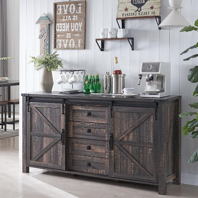 SinCiDo Farmhouse 60"Dressing Table with Sliding Barn Door and 4 Drawers,Drawer Cabinet Living Room,Bedroom,Coffee Bar