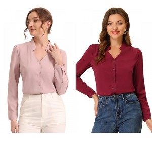INSPIRE CHIC Women's Elegant V Neck Work Office Button Up Shirt 2 Packs - 1 of 4