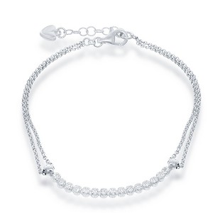Bella Silver Sterling Silver Double Strand with Long Thin Row of CZs Bracelet - White - 7 Inch - 1 of 2