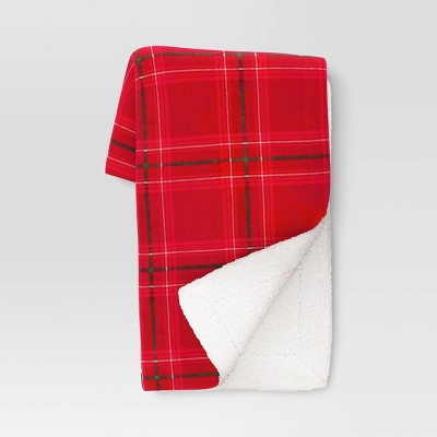 Plaid Printed Plush Christmas Throw Blanket with Faux Shearling Reverse Red - Threshold™