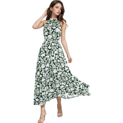 Anna-Kaci Women's Floral Bold Print Halter Neck Tiered Ruffle Maxi Dress- Small, Green