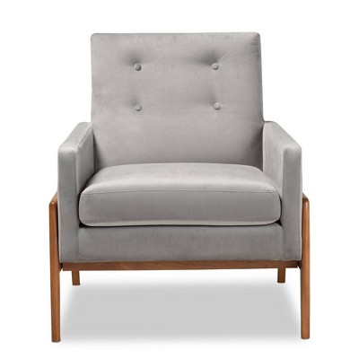 Perris Grey Velvet and Walnut Brown Wood Accent Chair