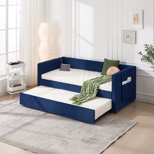 Twin Size Upholstered Daybed with Trundle, USB Port, Side Pockets - ModernLuxe - 1 of 4