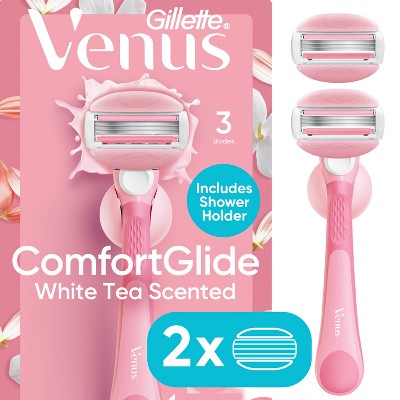Venus ComfortGlide White Tea 3-Blade Women's Razor with 2 Razor Blade Refills and Shower Holder: Whole Body Application, Reusable, Manual Power
