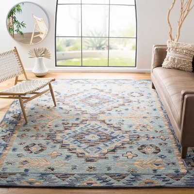Handmade Tufted Woolen Floral Area Rug, Blue/Beige, 8' x 10'