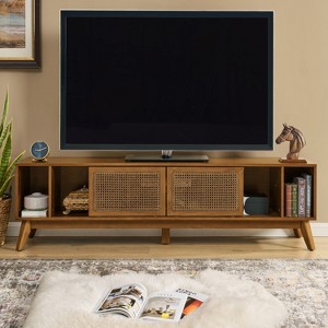 Gulches 67.9" Mid-Century Modern Rattan TV Stand - Light Walnut, Solid Wood Feet, Fits 75" TVs, Storage Media Console - 1 of 4