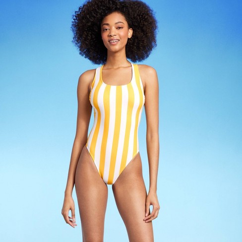 Women's Striped Scoop Neck X-back One Piece Swimsuit - Shade