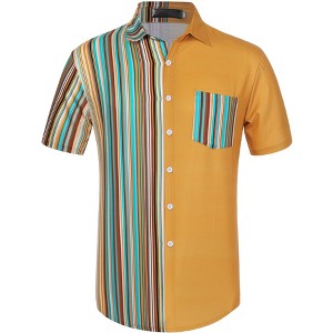 Lars Amadeus Men's Summer Striped Patchwork Short Sleeves Button Down Hawaiian Shirt - 1 of 4