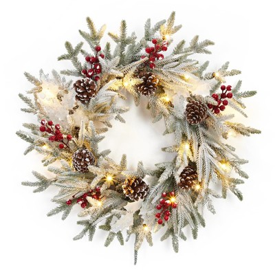 24 Inches Christmas Wreath, Artificial Christmas Wreath for Front Door with 20 Led Lights, Pre-lit Xmas Wreath for Home Holiday Party