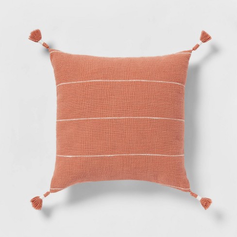 Square Textured Stripe Tassel Decorative Throw Pillow Terracotta