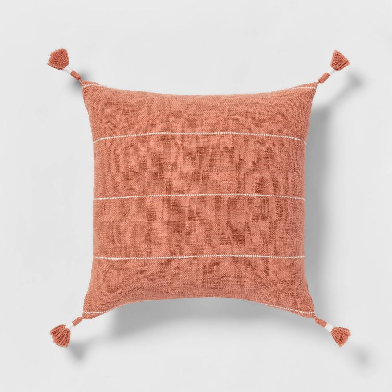 Square Textured Stripe Tassel Decorative Throw Pillow Terracotta - Threshold&#8482;, 1 of 11