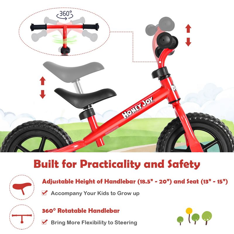 HoneyJoy Kids Balance Bike No Pedal Training Bicycle w/Adjustable Handlebar & Seat Yellow\Black\Blue\Red, 4 of 10