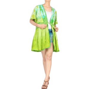 LA LEELA Women's Open Front Summer Vacation Beachwear Mini Bathing Suit Duster Loose Holiday Swimwear Coverups Cardigan Beach L-XL Green, Tie Dye - 1 of 4