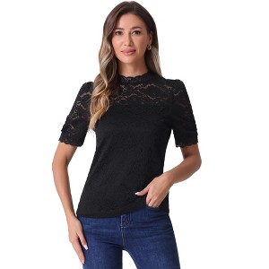 INSPIRE CHIC Women's Floral Lace Mock Neck Puff Short Sleeve Elegant Blouse - 1 of 4