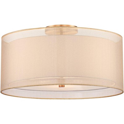 Antique Brass Double Drum Modern Ceiling Light with Champagne Organza Shade