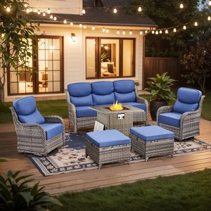 Buenhomino 7 Pieces Patio Furniture Sets with Fire Pit Table, Wicker High Back Outdoor Swivel Rocking Chairs Set with 3-Seat Couch, Ottomans and Table - 1 of 4