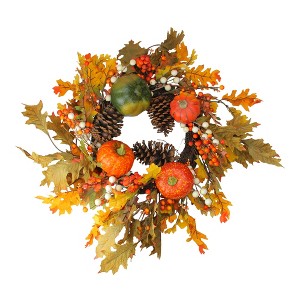 Northlight Fallen Leaves with Pine Cones and Pumpkins Artificial Thanksgiving Wreath, Orange 24-Inch - 1 of 2