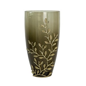 HomeRoots 15" Dark Olive Green And Gold Branch Patterned Glass And Aluminum Table Vase - 1 of 4