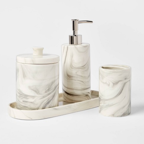 4pc Marbled Ceramic Bathroom Accessories Set Marble - Threshold