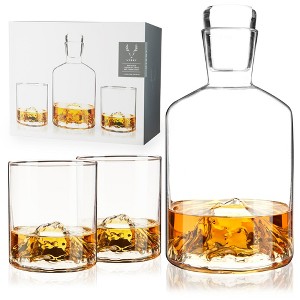 Viski Mountain Decanter & Tumbler Gift Set, Lead-Free Crystal Barware, Set of 1 Decanter & 2 Glasses, Liquor Decanter, Whiskey Tumblers - 1 of 4