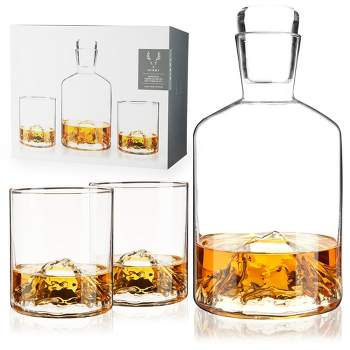 Viski Mountain Decanter & Tumbler Gift Set, Lead-Free Crystal Barware, Set of 1 Decanter & 2 Glasses, Liquor Decanter, Whiskey Tumblers