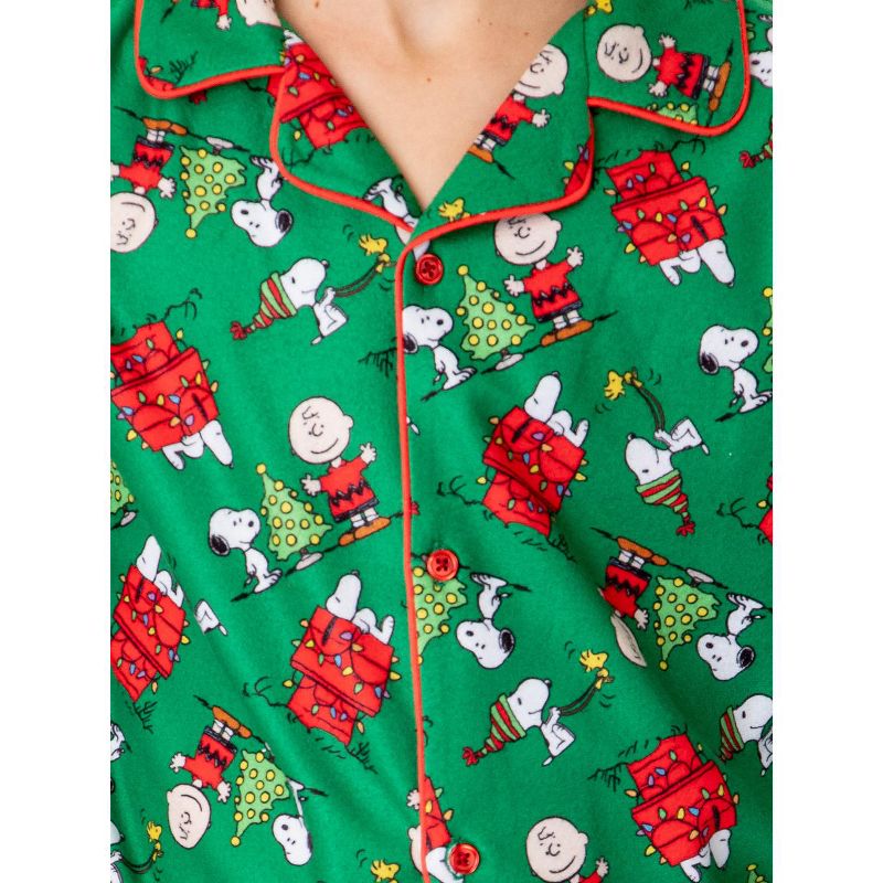 Peanuts Boys' Christmas Snoopy Charlie Brown Button Down Sleep Pajama Set Green, 3 of 4