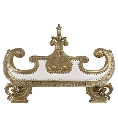 Bernadette White and Gold Synthetic Leather Bench with Intricate Scrollwork