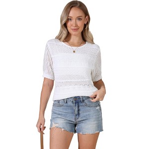 INSPIRE CHIC Women's Crew Neck Summer Casual Lightweight Short Sleeve Hollow Out Crochet Tops - 1 of 4