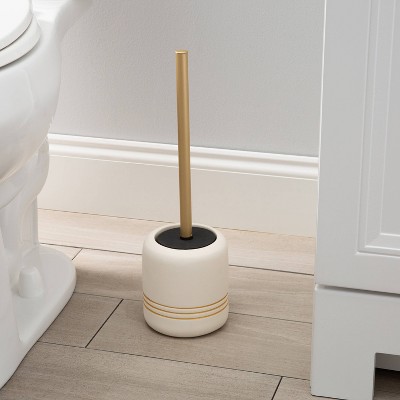 White and Gold Ceramic Toilet Brush Holder with Stainless Steel Handle