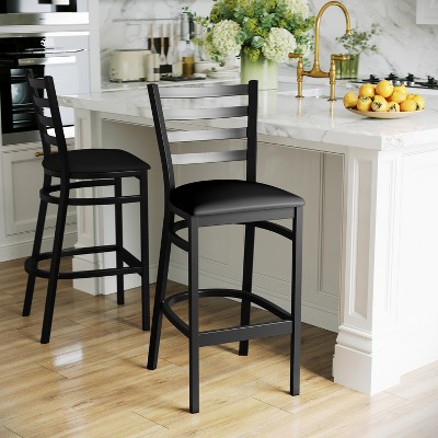 Elegant Black Metal Ladder Back Barstool with Vinyl Seat