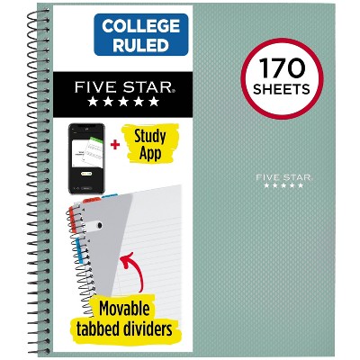Five Star 170 Sheets College Ruled Notebook Feature Rich Sage: 3 Subject Spiral, 8.5x11", Bleed-Resistant, Perforated Pages