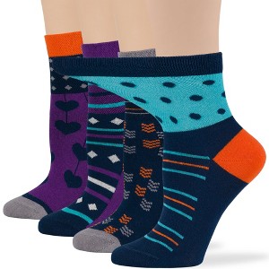 Women's Cotton Diabetic Quarter Patterned Socks - 4 Pack - Shoe Size 5-9 M, 8-12 L - Heart, Stripe, Flower - Black, Blue | 7BIGSTARS KINGDOM - 1 of 4