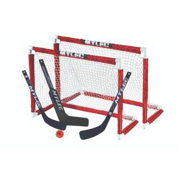 Mylec Junior/Youth MINI Hockey Set, 2 MINI Small 30.5”x23” Hockey Goals, 2 Small 20” Youth Pre-Curved Hockey Sticks, 1 20” Goalie & 1 Soft Foam Ball