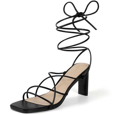 BLISSFUL STEP Women's Square Toe Lace Up Block Heel Sandals