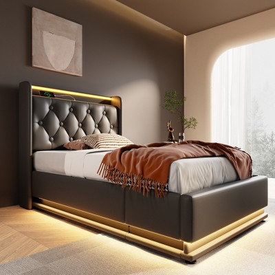 DOMETOUR Twin Upholstered Bed, LED Surround, Remote/App Control, Hydraulic Storage, USB-C Charging, Black PU, No Mattress