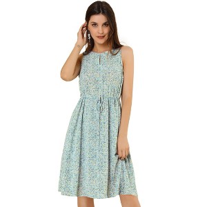 Allegra K Women's Floral Split Neck Drawstring Waist Sleeveless A-Line Summer Midi Dress - 1 of 4