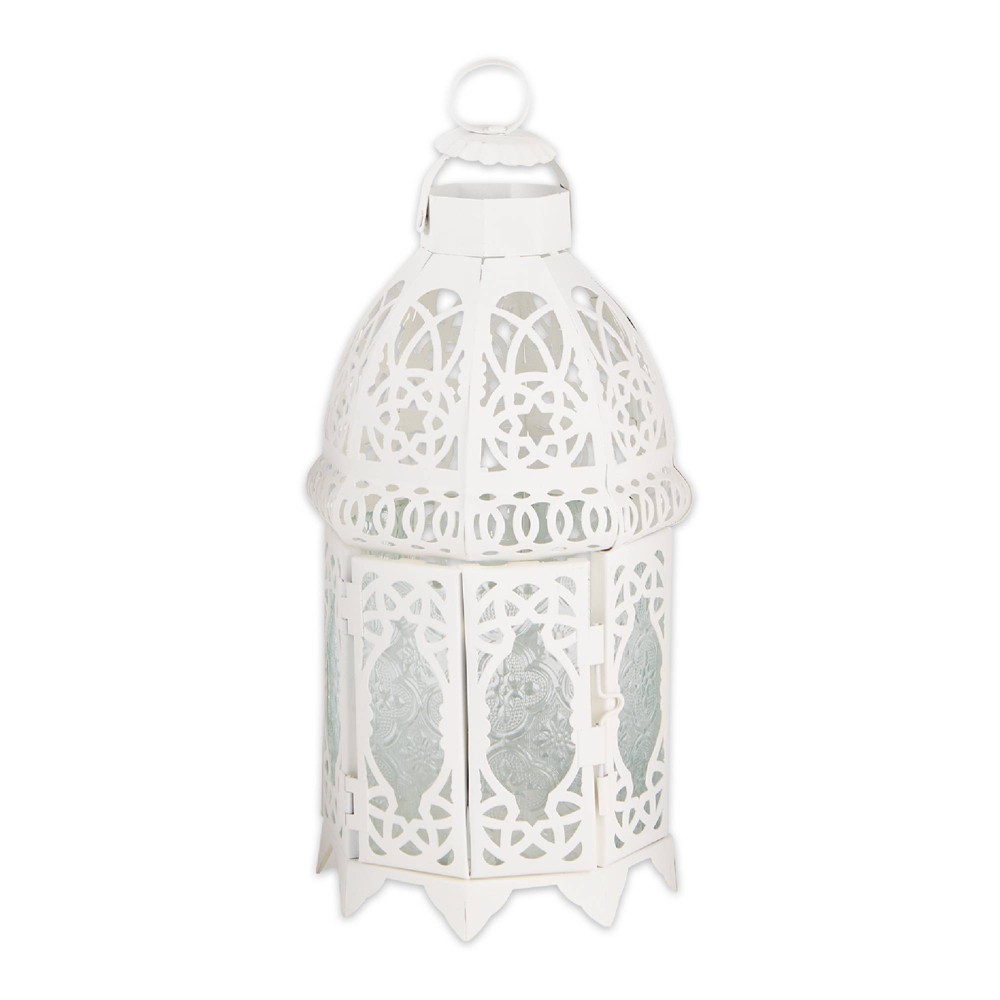 12" Iron Lattice Outdoor Lantern White - Zingz & Thingz: Elegant Metal Cutouts, Hinged Glass Panels, Tabletop Decor