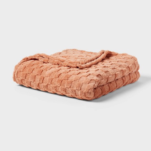 Full queen Checkered Jacquard Plush Blanket Rust Room Essentials Target