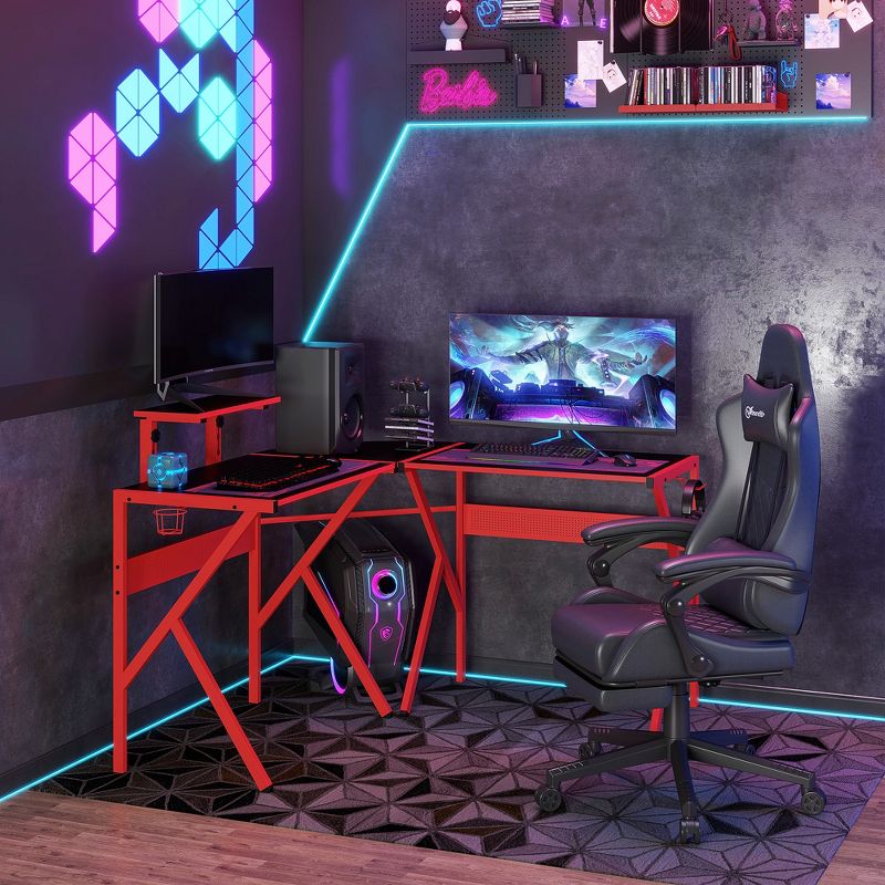 HOMCOM L-Shaped Gaming Desk, Corner Computer Desk, Gaming Table with Carbon Fiber Desktop, Adjustable Monitor Stand, Cup Holder, Red/Black, 2 of 8