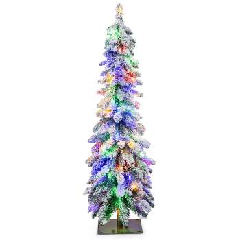 Costway 4 FT/5FT/6FT Pre-Lit Slim Christmas Tree Flocked Xmas Decoration 11 Modes 100 LED Lights
