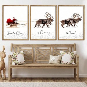 Framed Set of 3 Wall Art Santa Claus with Sleigh Deer Xmas Sign Home Decor 12x16 Inch Brown Prints Wall Decorations - 1 of 4