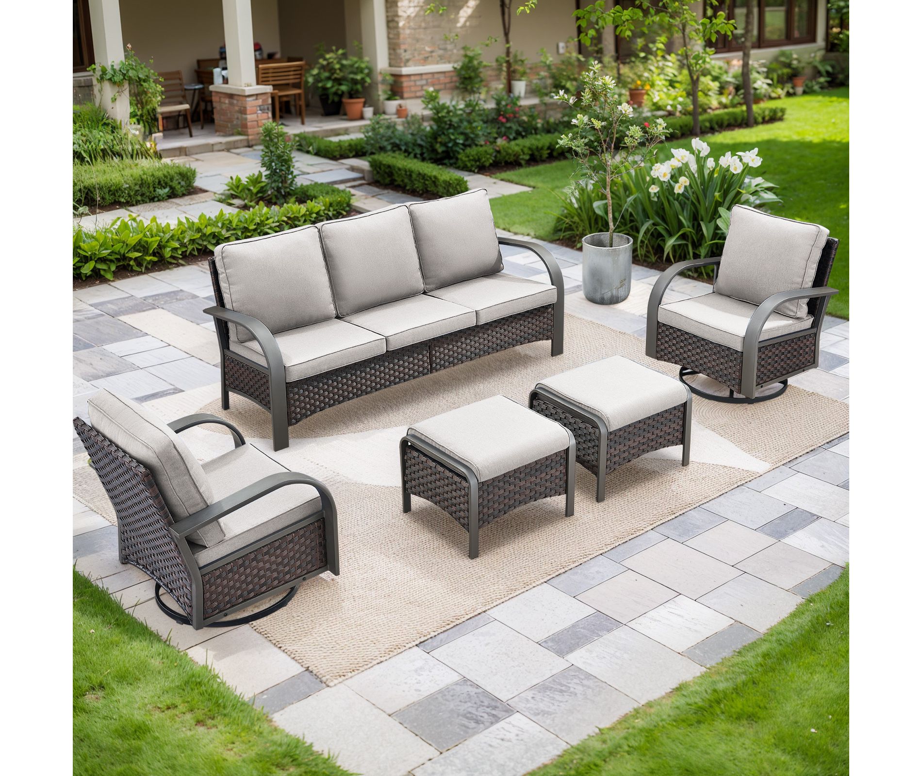 Buenhomino Outdoor Patio Furniture Set-5 Pieces All-Weather Wicker Outdoor Furniture with High Back Outdoor Swivel Rocking Chair for Garden Porch Deck