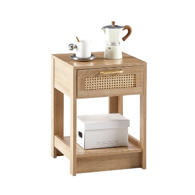 Rattan Nightstand, Modern End Table With Drawer, Nightstand Side Table With Accessories For Living Room Bedroom