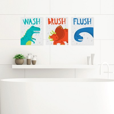 Big Dot of Happiness Roar Dinosaur - Unframed Wash, Brush, Flush - Dino Mite Trex Bathroom Wall Art - 8 x 10 inches - Set of 3 Prints