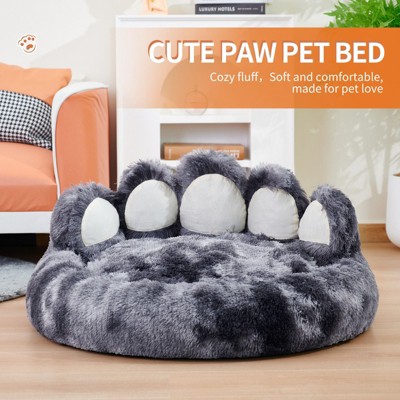 Munora Bear Paw Shape Pet Bed - Plush Long Fur, Tie-Dye Colors - Resilient Padding for Small/Medium Dogs & Indoor Cats (XS/S/M/L)