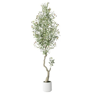 Tall Faux Olive Tree，5ft（60in） Tall Faux Olive Tree with White Planter and Green Fake Moss, 1 Pack