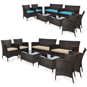 Costway 8PCS Patio Wicker Furniture Set Sofa Chair with Brown & Red Cushion Covers Garden - 1 of 4