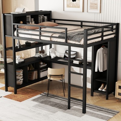 Lycvki Metal Loft Bed with Wardrobe and L-shaped Desk for Kids Teens Adults