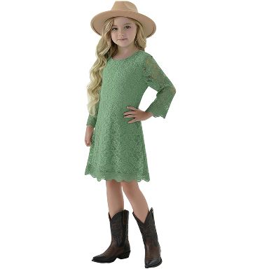 2Bunnies Girls' 12M-12Y Boho Country Rustic Lace Scalloped Trim Sleeve Flower Girl Dress Sage Green 4T