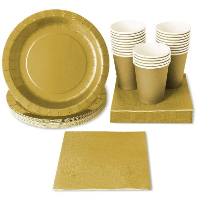 Gold Party Supplies (Serves 24 Guests) Disposable Dinnerware Set Includes Paper Plates, Cups and Napkins